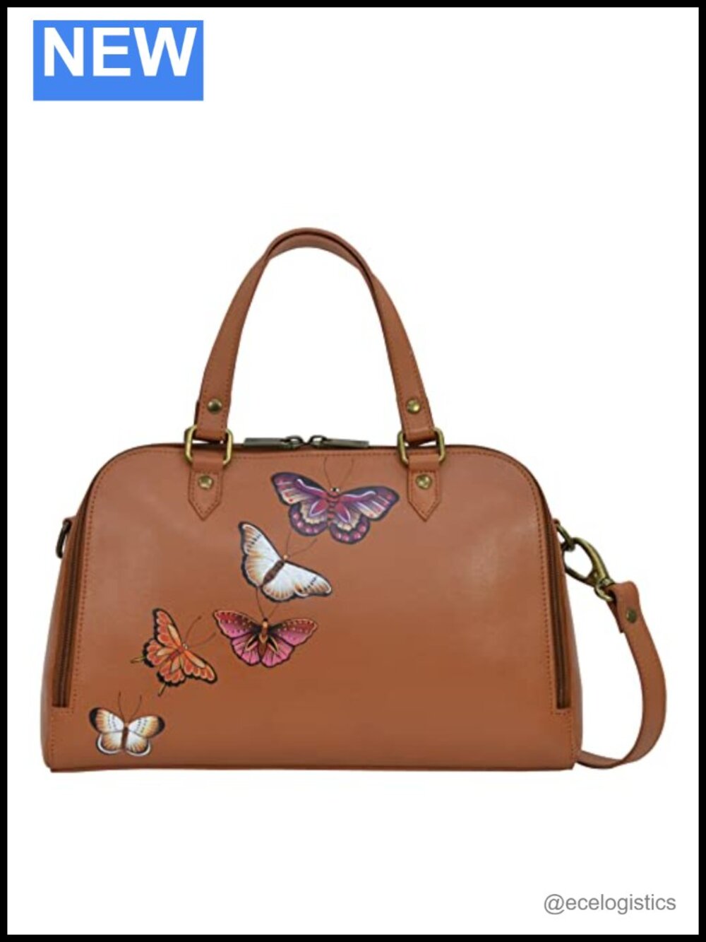 Hand-Painted Genuine Leather Satchel Purse with Butterfly Art Detachable Strap